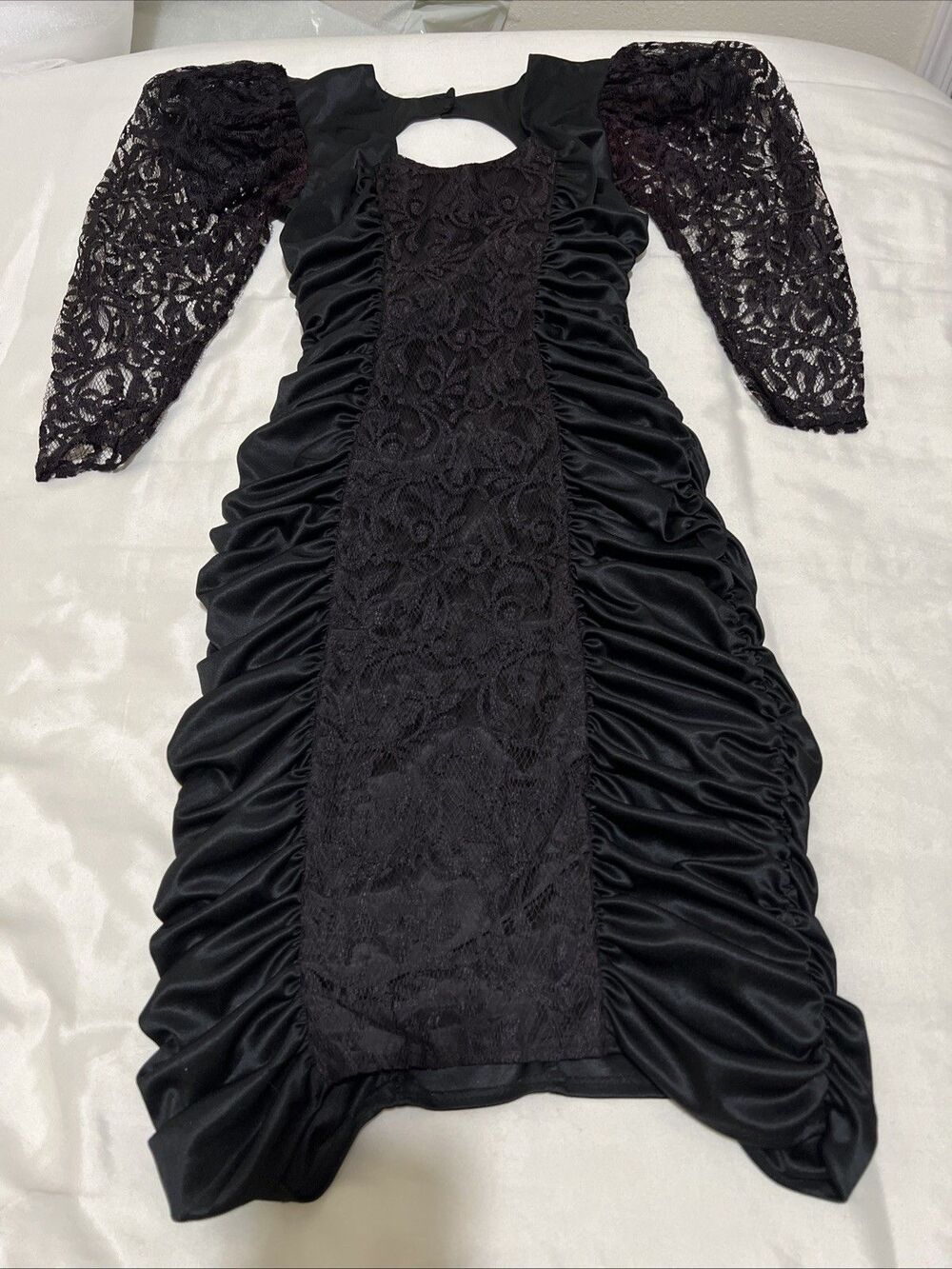 VTG 80s Mayvens California Bodycon Dress Cocktail Black Puff Sleeve S Juniors 3